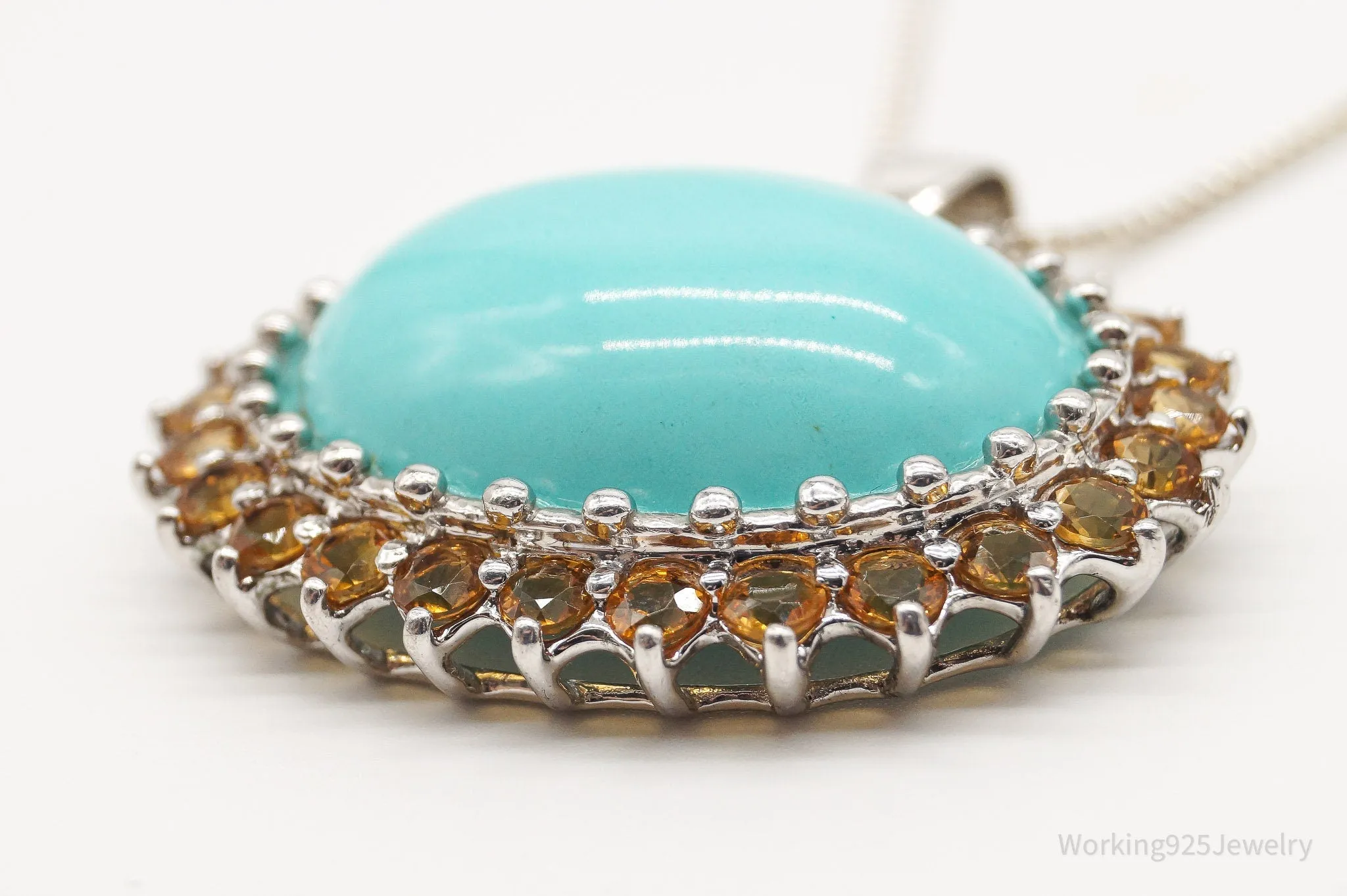 Vintage Designer CFJ Large Blue Turquoise Citrine Sterling Silver Necklace