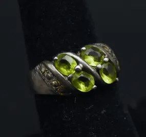Vintage Sterling Silver Imitation Peridot and Marcasite Ring - Size 6.5